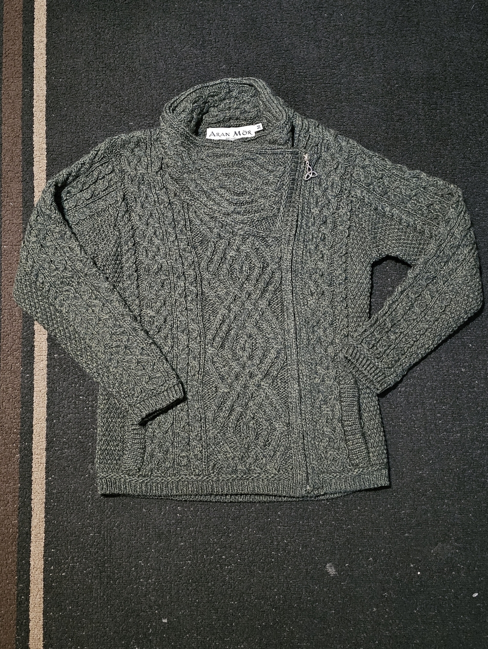Aran Mor Assymetrical Side Zip Cardigan Fisherman Green Merino Wool Womens Sz M